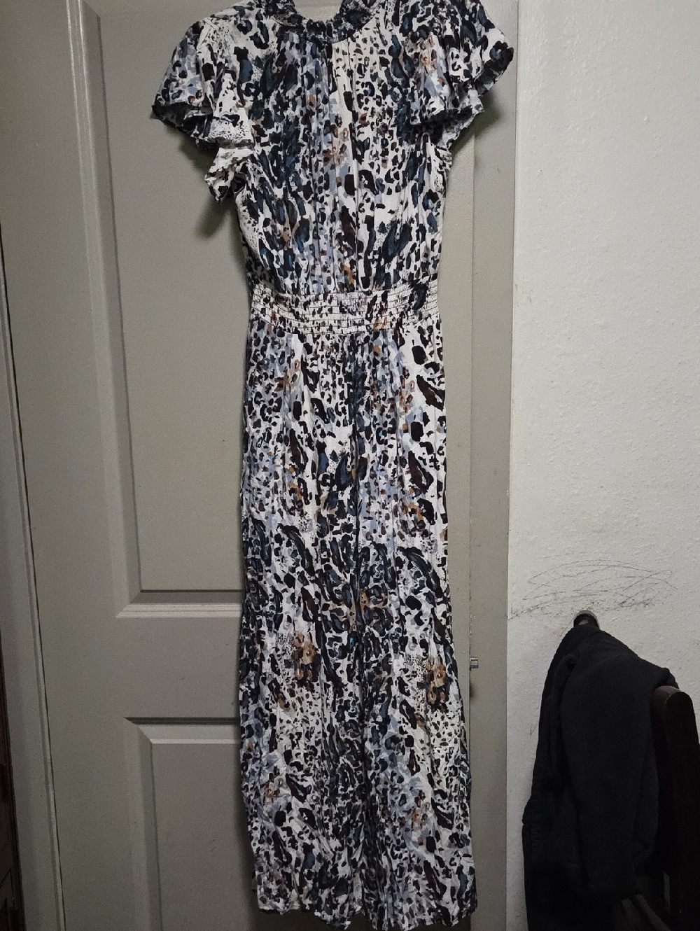 Abstract Animal Print White Maxi Dress with Smocked Waist - Picture 1 of 5